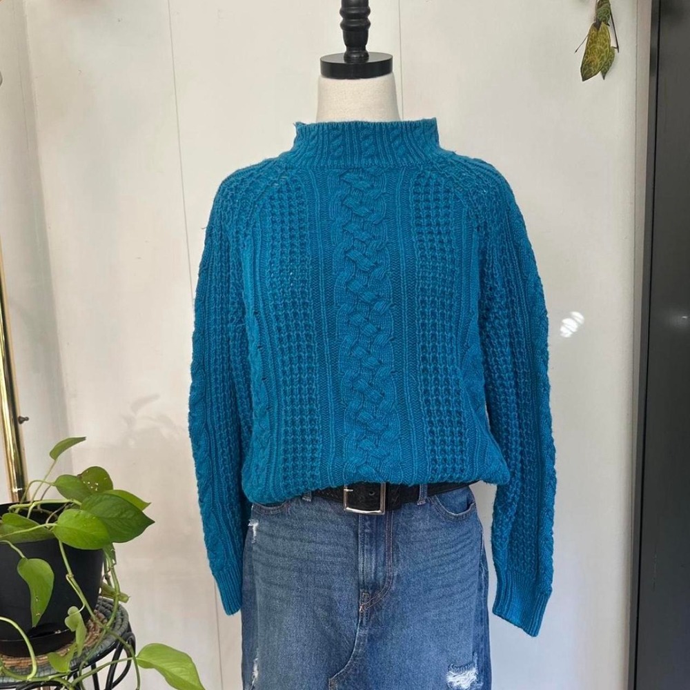 Vintage Heidi 80s Teal Blue Cable Knit Mock Neck Sweater Womens Small Ramie
